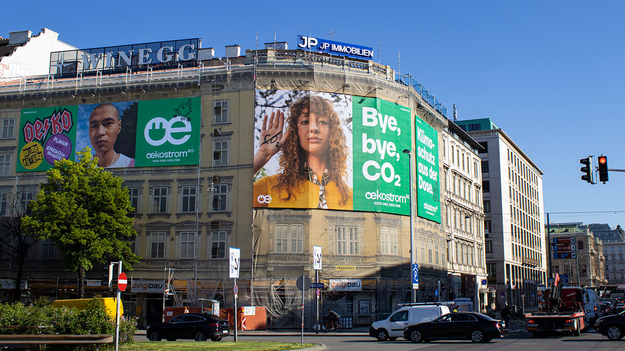 Eindrucksvoll präsentiert sich die neue Kampagne von oekostrom mit einer große Megaboard-Platzierung am Wiener Karlsplatz.