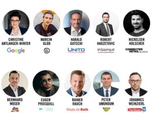 Die Speaker des eCommerce Day 2022: Christine Antlanger-Winter, Marcin Glod, Harald Gutschi, Robert Hadzetovic, Nickelsen Holscher, Bernhard Moser, Eugen Prosquill, Rainer Rauch, Peter Umundum und Johannes Weinzierl.