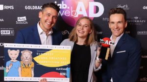 Matthias Seiringer (ORF-Enterprise), Nachwuchstalent Lena Artes (Mediaplus) und Herby Pratter (dentsu austria).